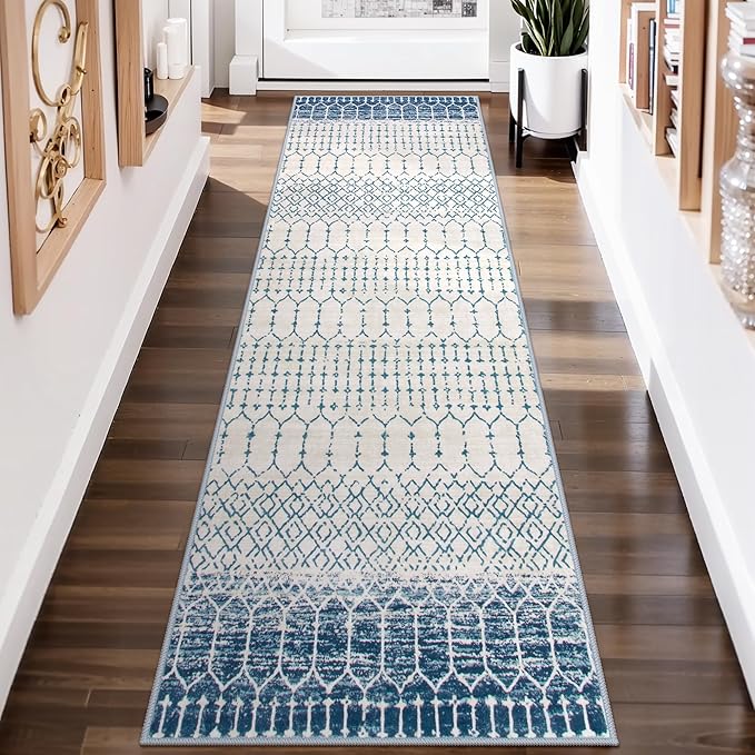 Lahome Moroccan Washable Blue Runner Rug - 2x6 Rug Runners for Hallways Non Slip Throw Stain Resistant Kitchen Runners, Geometric Print Distressed Indoor Floor Rug for Entryway Bathroom Bedroom