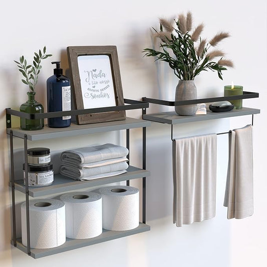 RICHER HOUSE 3+1 Tier Wall Mounted Floating Shelves Set of 2, Rustic Wood Wall Shelf with Metal Frame, Extra Storage Rack for Bathroom, Kitchen, Bedroom with Tissue Rack & Towel Bar - Grey