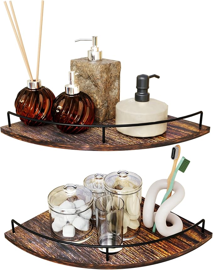 Corner Floating Shelves, Rustic Brown Wood, Set of 2, Wall Mount Storage with Guardrail for Bathroom Kitchen Living Room