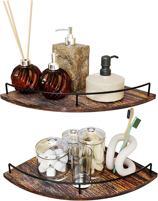 Corner Floating Shelves, Rustic Brown Wood, Set of 2, Wall Mount Storage with Guardrail for Bathroom Kitchen Living Room