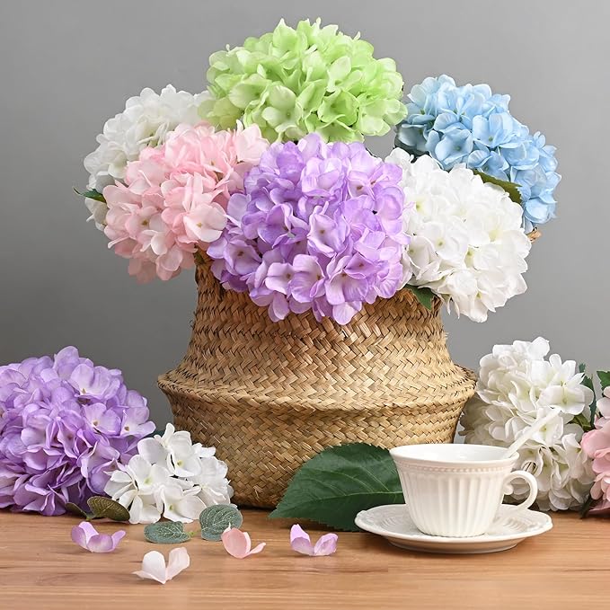 BLEUM CADE 8 Pcs White Hydrangea Artificial Flowers with Stems, 18In Large Fake White Flowers, Faux Hydrangea Flower for Home Decor Spring Wedding Table Centerpieces Decoration