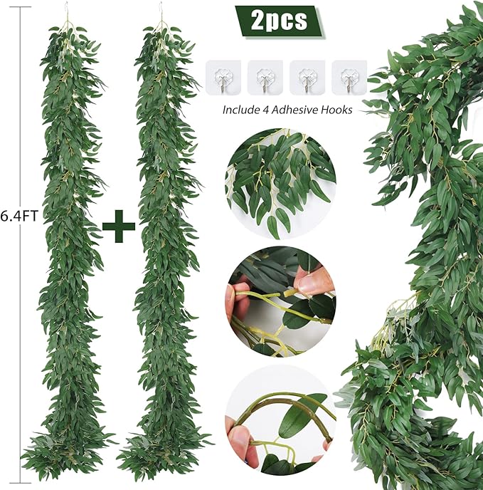 Artificial Willow Leaves Vine Twigs 2Pcs 6Ft Fake Hanging Plant Silk Willows Leaf Ivy Garland Faux Italian Ruscus Greenery Decor for Indoor Outdoor Wedding Arch Jungle Beach Birthday Party Home Garden