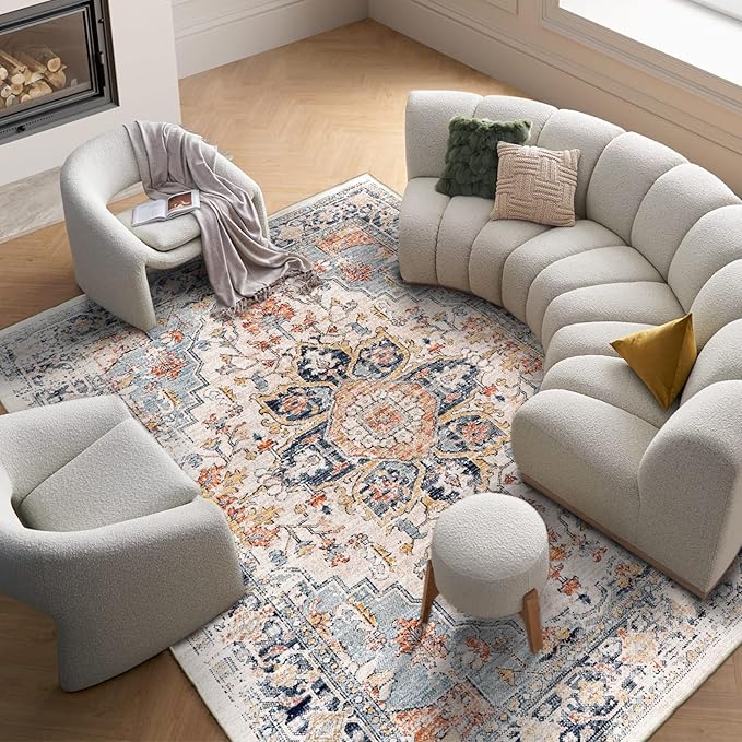 Area Rugs for Living Room - 9x12 Area Rugs, Machine Washable Rugs 9x12, Non-Slip, Stain Resistant Soft Boho Vintage Large Carpet Low Pile Thin Rugs for Living Room Bedroom