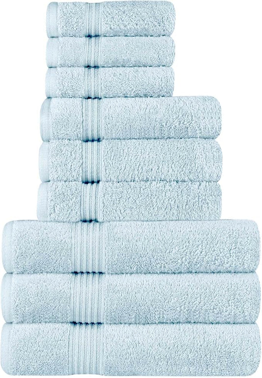 Superior Egyptian Cotton 9-Piece Towel Set, Assorted Towels for Home Bathroom, Guest Bath Decor Essentials, Includes 3 Bath, 3 Hand, 3 Face Towels/Washcloths, Quick Dry, Absorbent - Light Blue