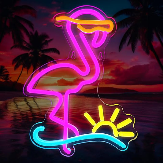Flamingo Neon Sign Dimmable Flamingo Led Neon Lights Sun Wave Neon Signs for Bedroom Living Room Restaurant Man Cave Bar Club Party Decoration Gift