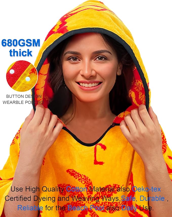 VOOVA & MOVAS Poncho Towel Adult (14Years Up)-Flamingo, Large Thick Absorbent Cotton Wearable Bath Towels for Big Girl, Pool Towels for Women, Adult Hooded Towel for Bathroom, Pool Use