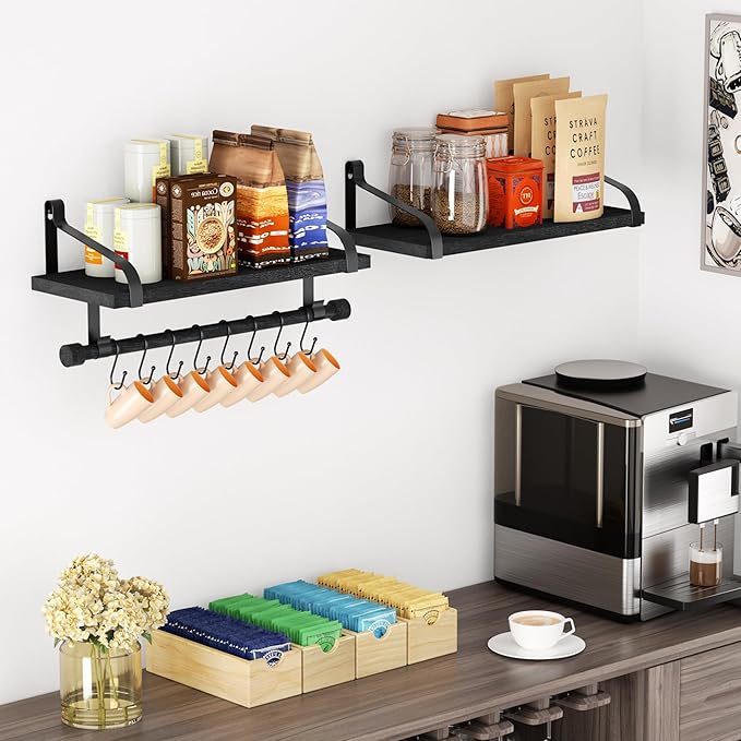 Love-KANKEI Floating Shelves for Coffee Bar,Bathroom Shelves with Towel Bar, Wall Shelves with 8 Hooks for Kitchen, Storage Shelf Set of 2 for Bedroom,Living Room，17.3 Inch Black