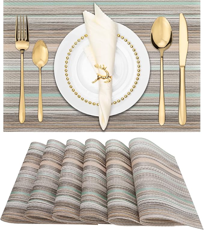 Winknowl Placemats, Washable Vinyl Woven Indoor and Outdoor Heat Stain and Water Resistant Elegant Table Mats for Dining Table Set of 6 (Teal Green)