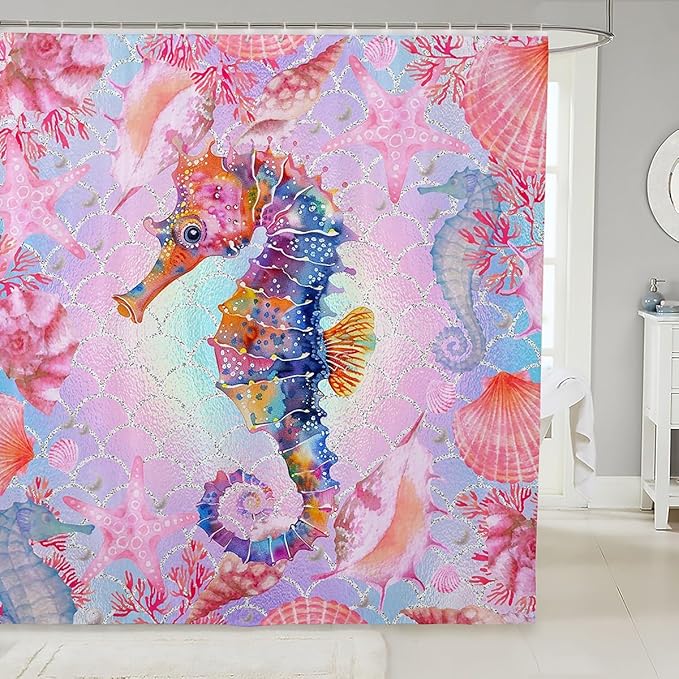 Feelyou Colorful Seahorse Shower Curtain Ocean Themed Fabric Shower Curtain for Kids Shells and Corals Bathroom Waterproof Accessories with 12 Hooks Pink and Blue Ombre Curtains,72X72 Inches