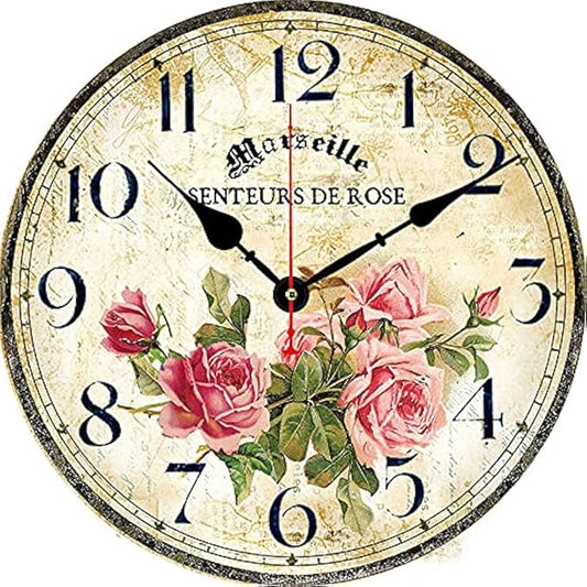 Vintage French Floral Wall Clock with Pink Rose Pattern Small Round Silent Non-Ticking Quartz Movement 8 inches Wall Clocks Battery Operated Home Flower Decorative for Bedroom,Living Room
