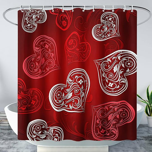 AILONEN Heart Love Shower Curtain for Bathroom, Red and White Floral Hearts Print Bath Curtain,Minimalism Hearts Decoration Shower Curtain Waterproof with 12 Plastic Hooks, 72" W*84" H
