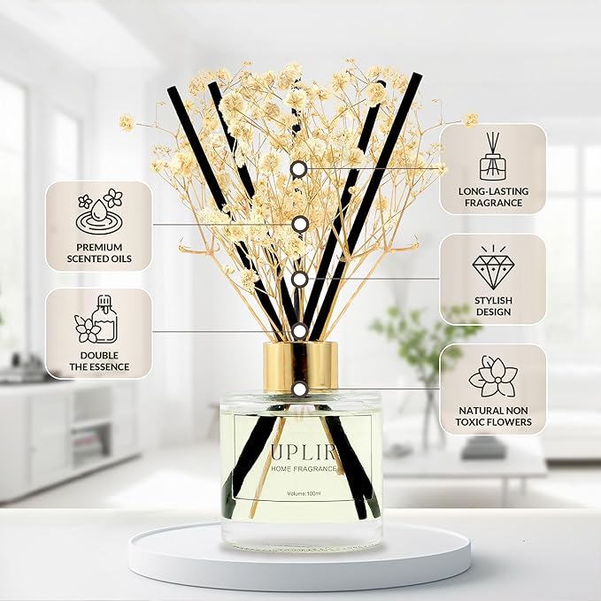 Flower Reed Diffusers for Home with 1 Jasmine & White Tea Double Essential Oil, 3.4 oz (100ml) - Elegant Reed Diffuser Set with 5 Sticks for Home Decor, Bathroom, Any Room, Housewarming Gift