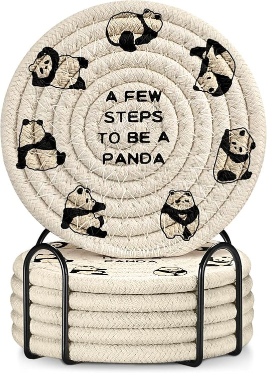 Cup Coasters for Drinks Absorbent - for Coffee Wooden Table Office Cute Farmhouse Outdoor Rustic Desk Kawaii Woven Boys Kids Women Soft Cloth Braided Fabric Animal Coaster Set of 6 with Holder
