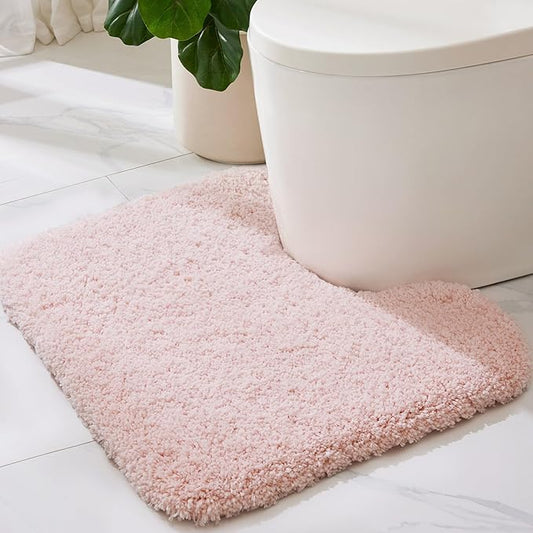 ILANGO Pink Toilet Rugs U Shaped 22" × 24" Non Slip & Super Absorbent Extra Thick Soft, Washable Bath Mats for Bathroom Floor, Microfiber Plush Shaggy Contour Bath Rugs for Toilet,Dry Quick