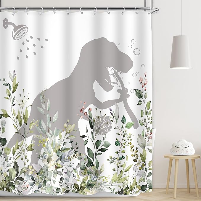 LGhtyro Dinosaur Eucalyptus Kids Shower Curtain Bathroom Set 60Wx71H Inches Funny Dino Bathing Silhouette Rustic Plant Leaves Floral Bath Accessories Botanical Leaf Art Home Decor Fabric 12 Pack Hooks