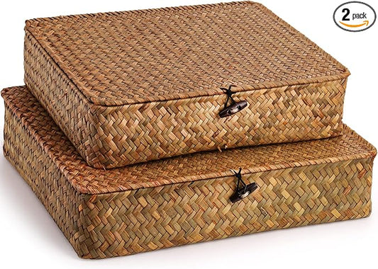 Elsjoy 2 Pack Seagrass Baskets with Lid, Wicker Storage Baskets Flat Rattan Storage Bins, Woven Organizer Baskets for Shelf, Closet, Bedroom
