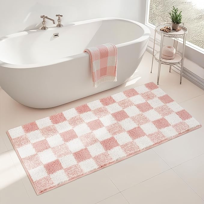 GRANNY SAYS Checkered Pink Bathroom Rugs, 48" x 24", Fluffy Rug, Absorbent Microfiber Ultra Soft Bath Mat Washable, Non-Slip Bath Mats for Bathroom, Cute Floor Mat for Tub, Shower, Bedroom