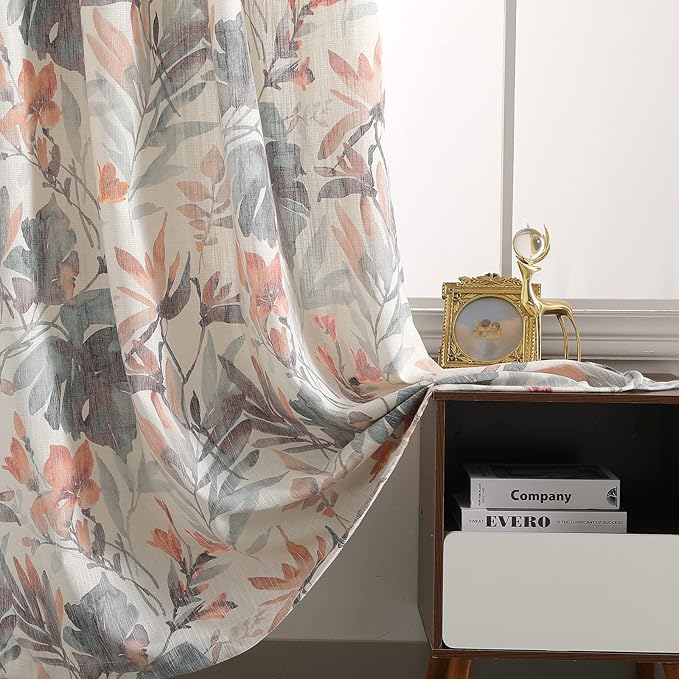 MYSKY HOME Coral Curtains 95 Inches Printed Cotton Grommet Linen Curtains for Living Room Light Filtering Curtain Burlap Effect Drape Window Treatments, 2 Panel Coral and Natural