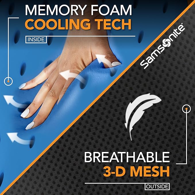 SAMSONITE, Infused-Gel Car Neck Pillow with Airflow Memory Foam, Headrest Support Cushion for Driving, Universal - Fits Any Vehicle, Including SUVs and Trucks, Washable Cover, Large Size, Black…