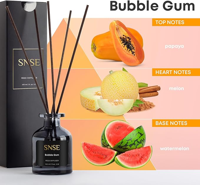 SNSE Bubble Gum Reed Diffuser Set | 3.38 oz Scent Fragrance Oil Diffuser for Bedroom, Bathroom, Home Décor and Gift, Decorative Air Fresheners with Sticks