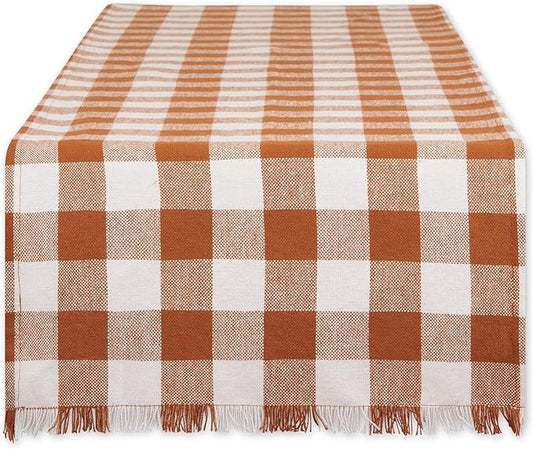 DII Heavyweight Fringed Check Tabletop Collection, Table Runner, 14x72, Cinnamon