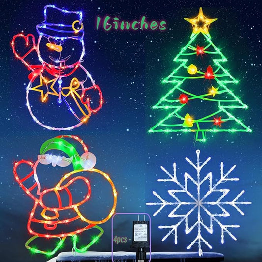 16“ Christmas Window Silhouette Lights Decorations - 4 Pack Colour Lighted Christmas Tree ＆ Snowflake ＆ Snowman ＆ Santa for Holiday Indoor and Outdoor Wall Door Window Decorate