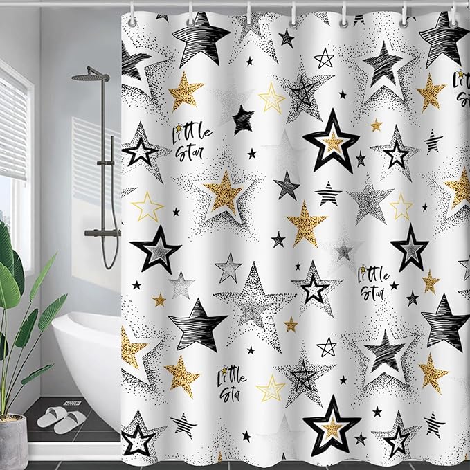 AILONEN Star Shower Curtain, Grey and Gold Tie Dye Star Bathroom Curtain,Minimalist Shower Curtain 72" W*78" H Polyester Waterproof Bathroom Curtain with 12 Hooks