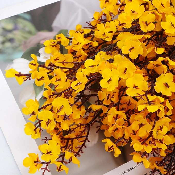 AILANDA 12 PCS Artificial Fall Flowers Babys Breath Orange Yellow Real Touch Silk Floral Arrangement Gypsophila Flowers for Home Wedding Table Centerpiece Fireplace Vase Filler Autumn Decor