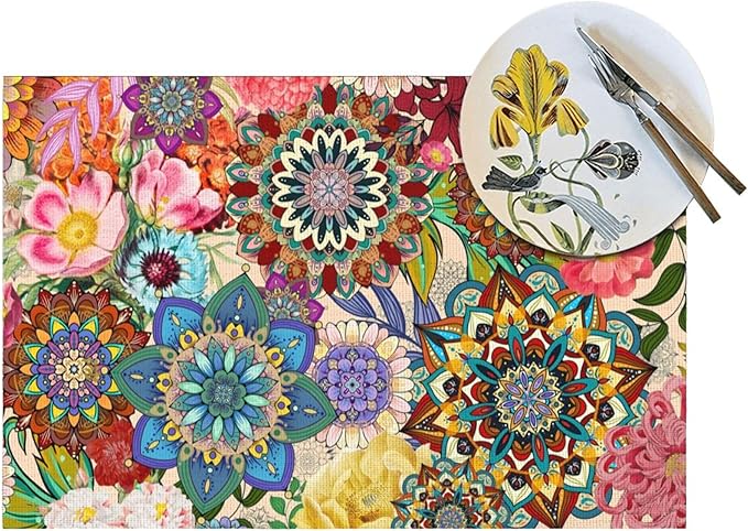 Boho Floral Placemats Set of 4, Colorful Flowers Decorative Dining Table Mats 12"x18", Washable Place Mat for Kitchen Dining Holiday Party Home Decor, House Warming Gifts for New Home Women
