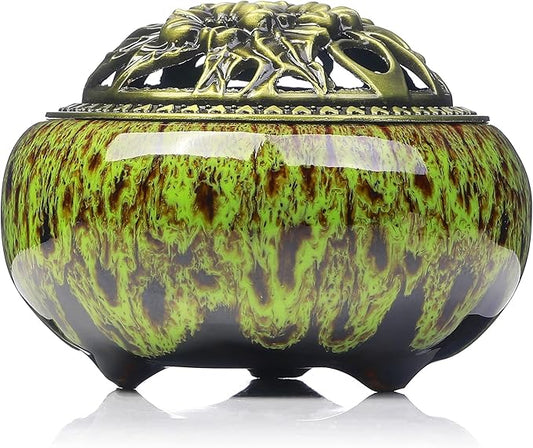 Incense Burner with Calabash Incense Stick Holder - Porcelain Charcoal Censer for Use with Resin Granular Powder Cone or Coil Incense (Kiln-Colored Green)