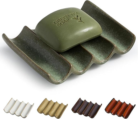 Draining Ceramic Soap Dish - Fluted Design, Bar Soap Holder for Shower & Bathroom, Soap Saver Sponge Lift, Green
