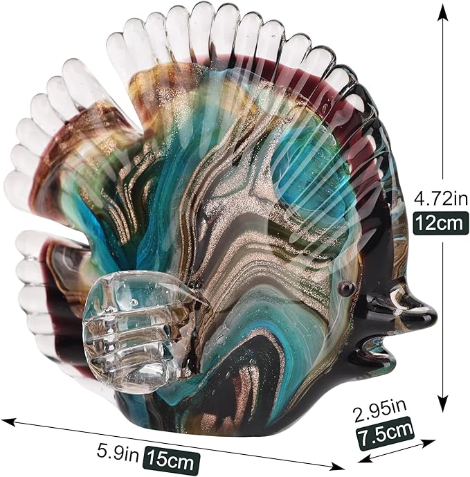 DOVDOV Blown Glass Fish Statues and Sculptures, Green and Glass Fish Modern Art for Coastal Style Home Decor, Shelves Office Fish Tank Bookcase and entryway Table top Coffee Table.