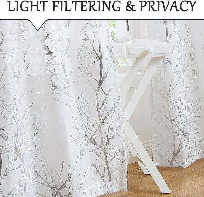 FMFUNCTEX Linen Semi Sheer Curtains for Living Room & Bedroom, Silver Metallic Print White Tree Panel, Light Filtering 84" Long Grommet Top 2 Panels