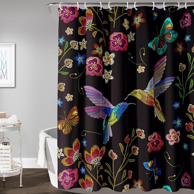 AILONEN Retro Hummingbird Shower Curtain,Wild Floral Flower Bathroom Decor with 12 Plastic Hooks,Bird Butterfly Vintage Black Curtains,Modern Bedroom Decor Gifts for Girls Teen Adult 72" W*72" H