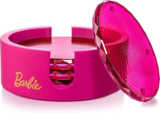 Dragon Glassware x Barbie Coasters with Holder - Pink Crystal Glass Coasters for Drinks Set of 4 - Lead-Free and Non-Slip Barware for Coffee Table