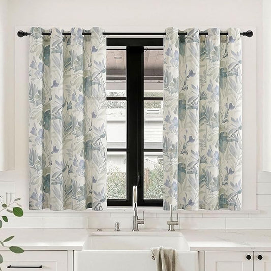 MYSKY HOME Sage Green Curtains 45 Inch Length Light Filtering Cotton Curtains for Kitchen Bedroom Floral Printing Window Treatment Grommet 2 Panels,Sage and Natural