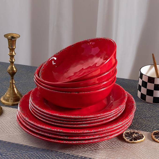 12 Piece Farmhouse Melamine Dinnerware Sets, Service For 4 Rustic Crackled Plates and Bowls Sets, Melamine Dishes Set for Christmas,Wedding, Set of 4 Camping Dishes, Red