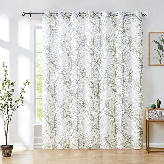 FMFUNCTEX Extra Wide Patio Door Curtain 100 inches Width by 96 Inch Length for Living Room Tree Print Not See Through Linen Semi Sheer Curtain Green Gray Branch Sliding Glass Door Curtains 1 Panel