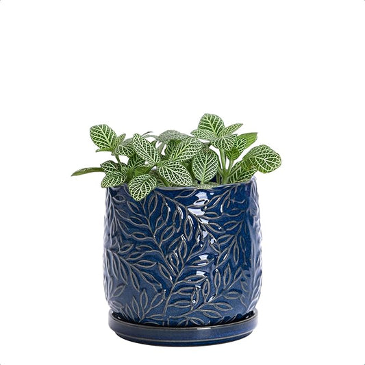 D'vine Dev 4 Inch Embossed Leaves Stoneware Planter Pot with Drainage Hole and Saucer, Midnight Blue, 27-A-Z-3