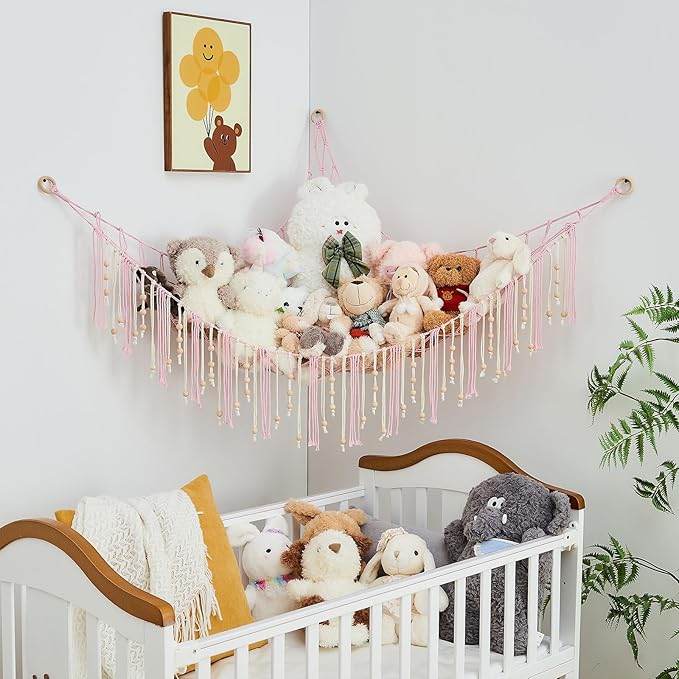 Pretty Jolly Stuffed Animal Storage Hammock with Wooden Beads Corner Hanging Net Boho Tassel for Toy Plush Holder for Kid Room Nursery Decor Wall Display Organizer for Girls Boy Gift(Light Pink)