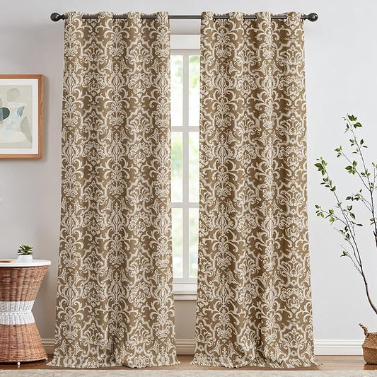 jinchan Room Darkening Curtains for Bedroom Brown Damask Patterned Curtains 108 Inch Length for Living Room Linen Textured Vintage 9FT Long Drapes Medallion Window Treatments Grommet Top 2 Panels Set
