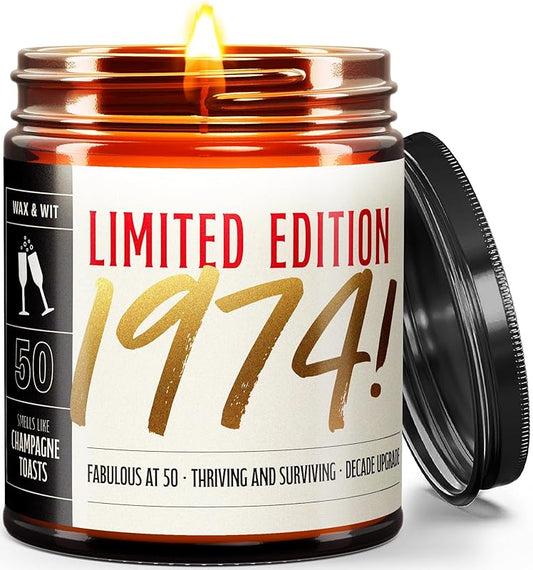 Wax & Wit 50th Birthday Gifts for Women, Birthday Candles - Scented with Champagne Bubbles - 50 Year Old Gift Ideas – 9oz, Soy Wax, 50 Hour Burn, Premium Candle