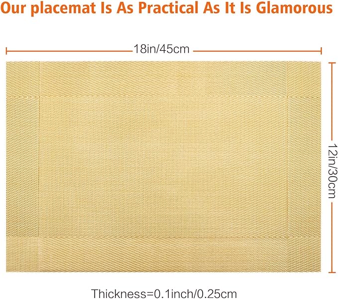 Placemats Set of 4,Washable,Heat and Stain Resistant Indoor/Outdoor Place mats, Vinyl Woven Non Slip Table Mats for Restaurant Table Protection, PVC Table Placemats.(Gold, 4PCS)