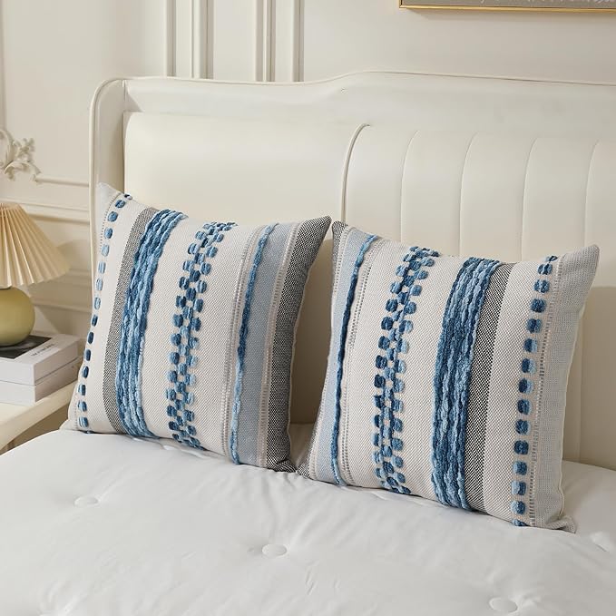 Boho Pillow Covers 18x18 Set of 2 for Couch-Modern Farmhouse Sofa Decorative Blue Throw Pillow Covers Textured Chenille Cushion Covers Outdoor Netural Bohemian Pillow Cases Square