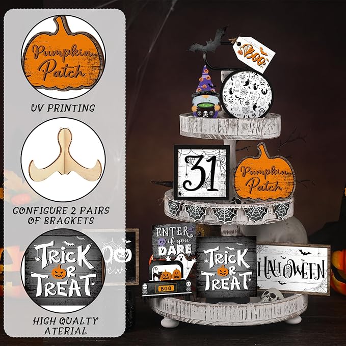 14 Pcs Halloween Tiered Tray Decorations Set Ghost Halloween Wooden Signs Rustic Farmhouse Pumpkin Boo Trick or Treat Blocks Table Sign Decorations for Home Party Favors