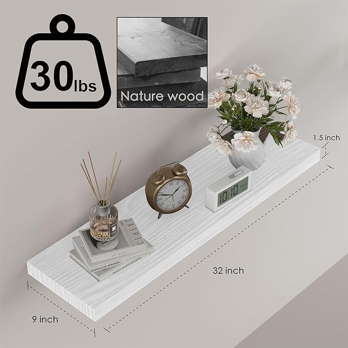 Floating Shelves for Wall - 32 x 9 Inch Natural Wood Shelves for Bathroom, Bedroom, Kitchen Decor, Farmhouse Decor Set of 2, White