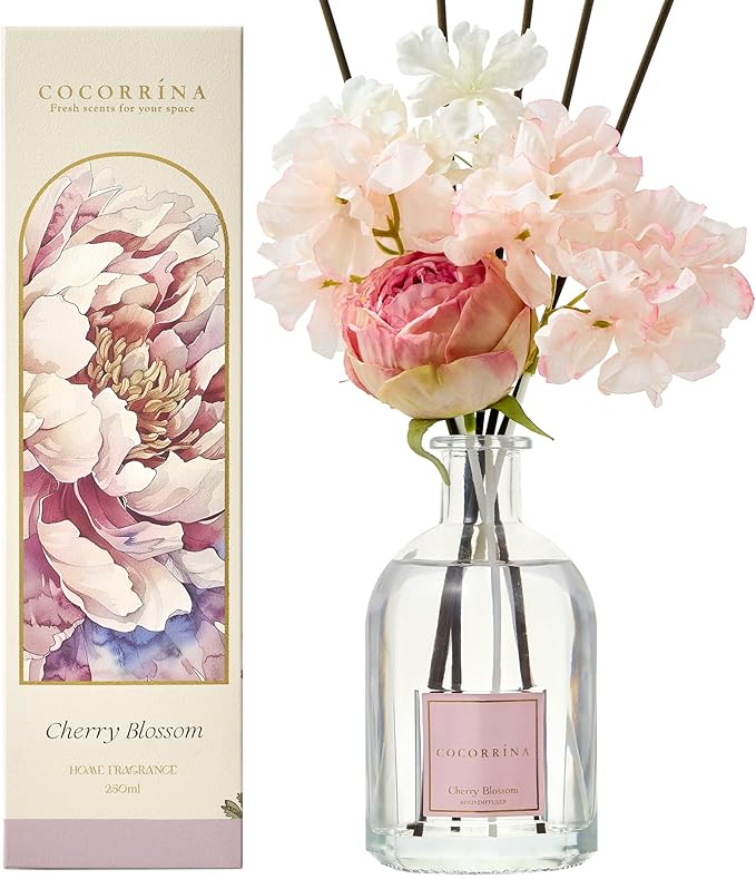 COCORRÍNA Reed Diffuser - Cherry Blossom 8.5 Fl.oz/ 250ml Flower Diffuser with 8 Sticks, Reed Diffusers for Home Bathroom Shelf Decor (Botanical Flower Collection)
