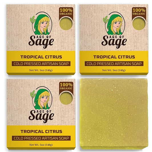 Natural Bar Soap for Women - Vegan Bath Soap Bars Gift Set - Handmade Cold Process Artisan Soap with Essential Oil, All Moisturizing Wash Soaps, Fragrant Tropical Citrus Scent by Age of Sage (4 Pack)