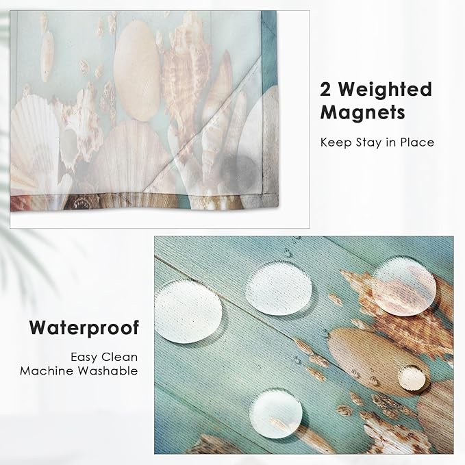 Sea Beach Green No Hook Shower Curtain with Snap in Liner, Shellfish Starfish Summer Bath Curtain with Double Layers Waterproof Fabric and Mesh Top Window 71x74 Inch