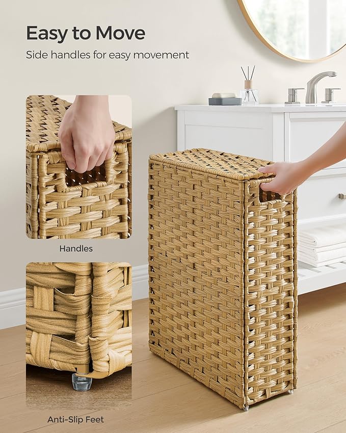 SONGMICS Slim Laundry Hamper with Lid, 14.5 Gallon (55L) Rattan Clothes Laundry Basket with Lid and Handles, Foldable, Removable Liner, Goose Yellow ULCB164N01